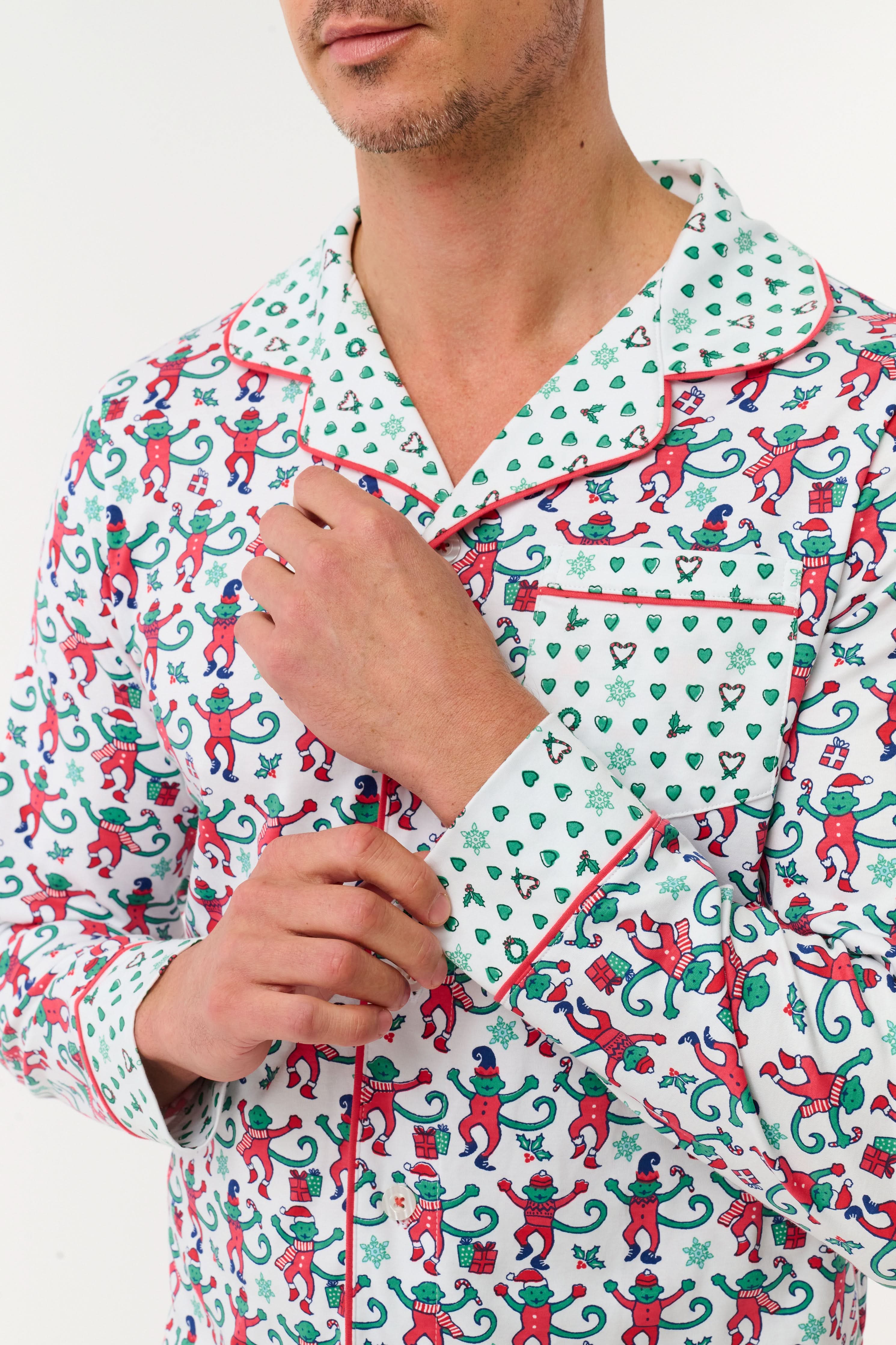 Mens Monkey Mas Patchwork Long Sleeve Polo Pajamas - Image 4