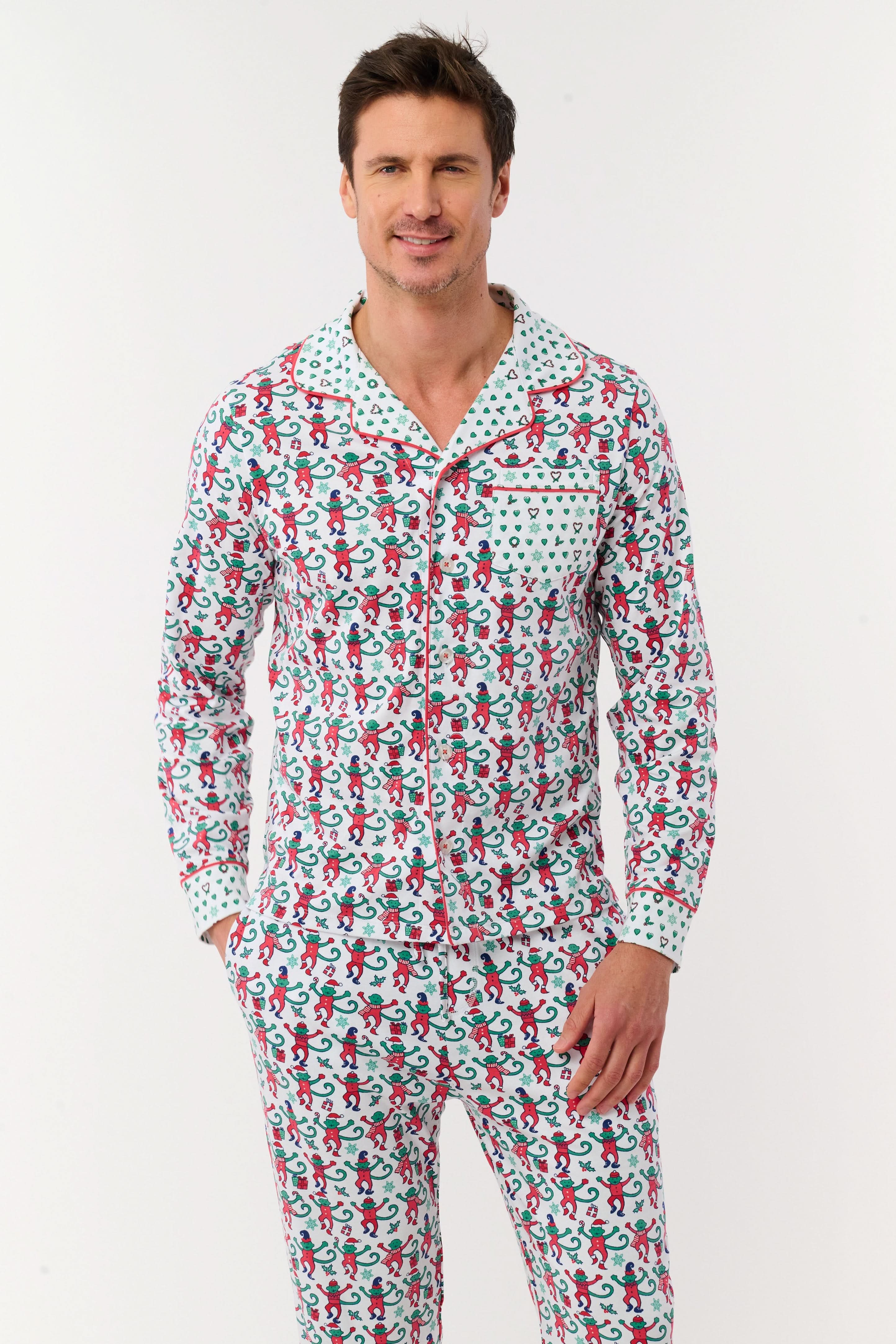 Mens Monkey Mas Patchwork Long Sleeve Polo Pajamas - Image 5